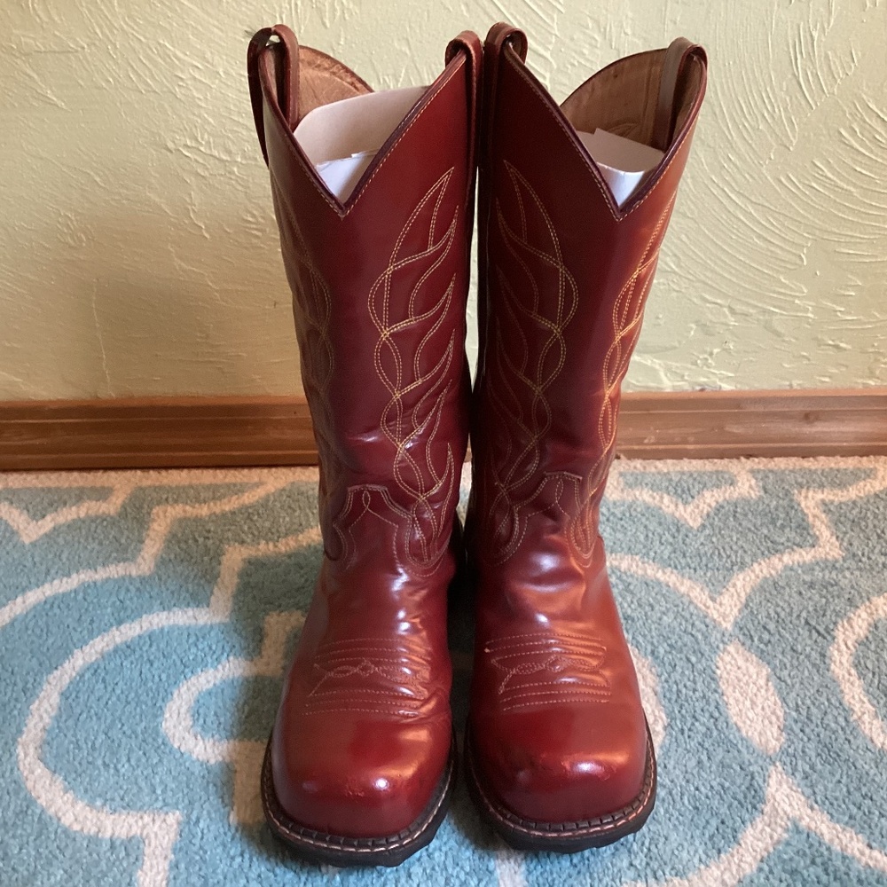 John Fluevog Red Leather Resoled F-Shoe Hi Cowboy Western Boots, Sz 10.5 - Picture 9 of 11